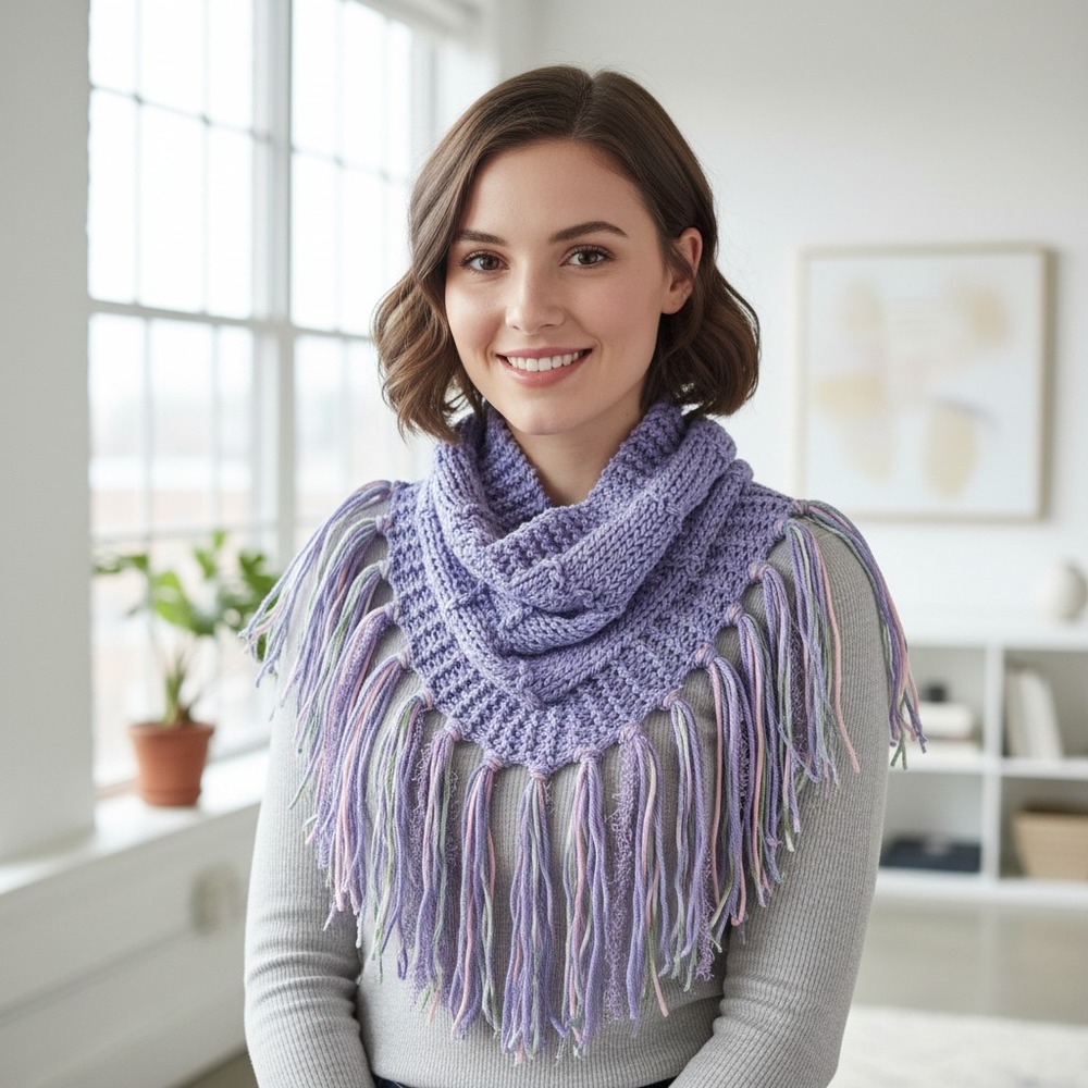 NEW Cowl Scarf Fringe Hand Knitted Lavender Purple Boho‎ Cottage Coquette Fairy